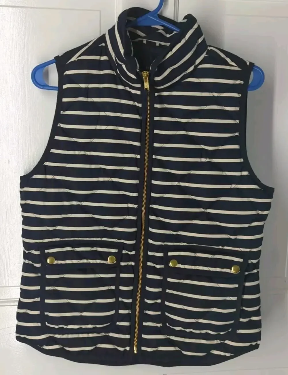 J Crew Down Puffer Vest Women Small Quilted Navy/ White Style # 02727 EUC
